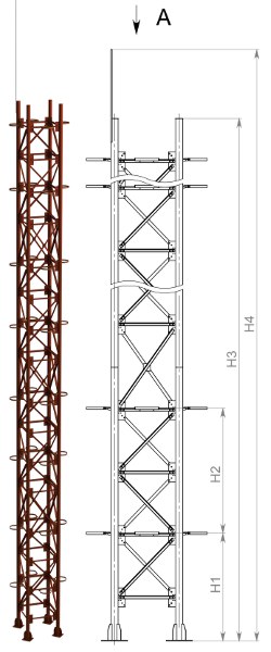 Четырехмачтовая башня для дымовых труб 3D-вид и чертеж