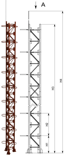 Трехмачтовая башня для дымовых труб 3D-вид и чертеж
